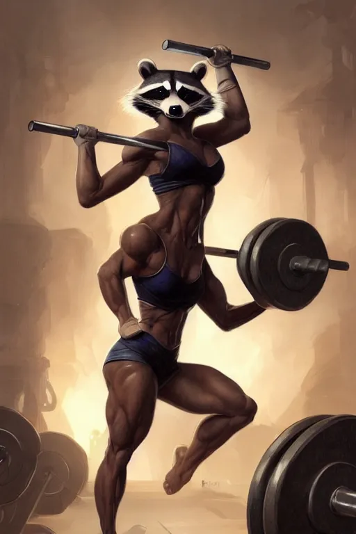 Image similar to anthro raccoon lifting weights, dim dingy gym, dynamic pose, fantasy, intricate, elegant, highly detailed, digital painting, artstation, concept art, matte, sharp focus, illustration, art by artgerm and greg rutkowski and alphonse mucha