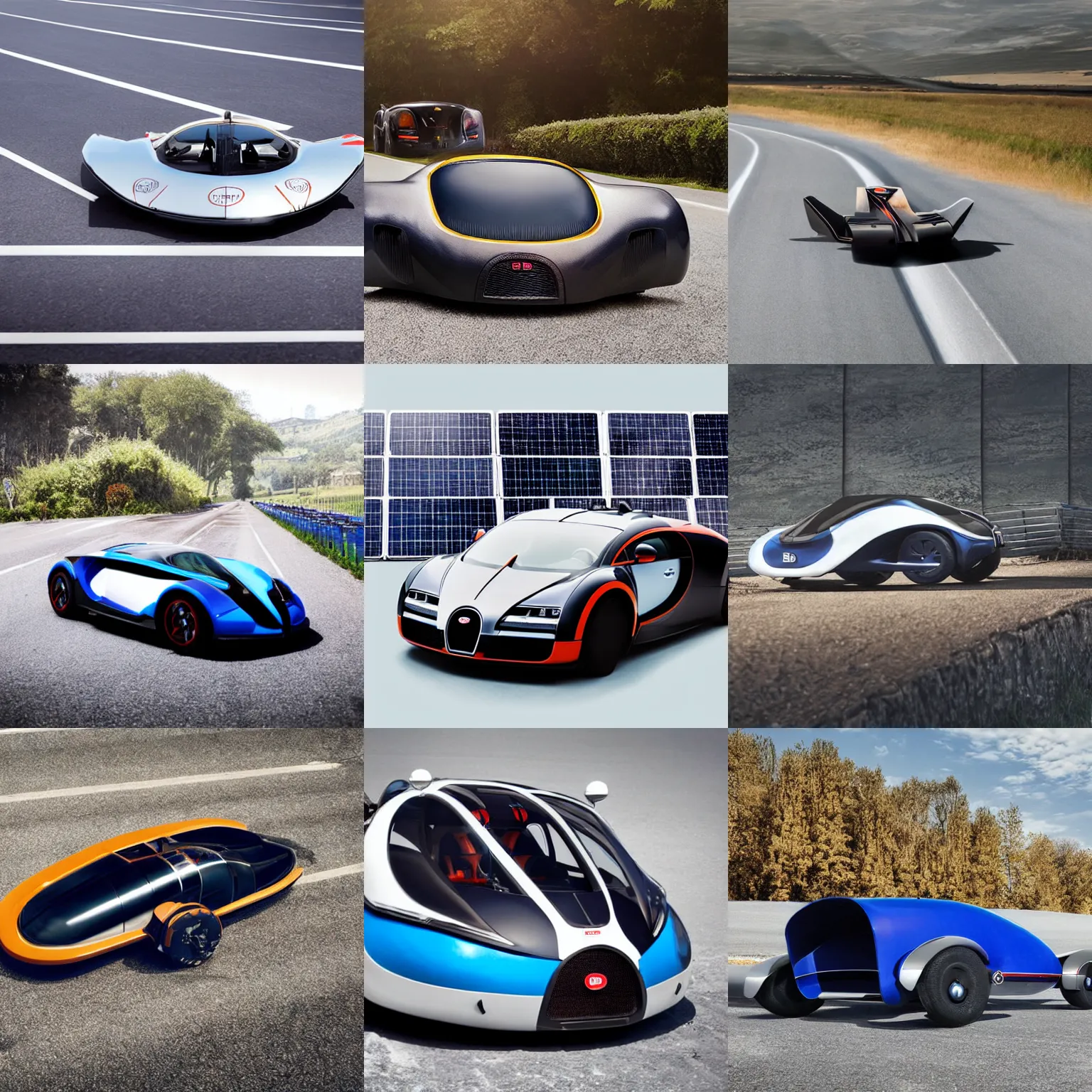 Image similar to bugatti hovercraft hovering above road, solar punk product photo