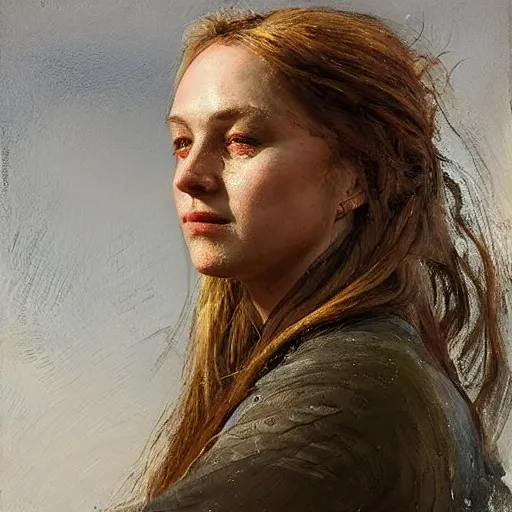 Image similar to Richard Schmid and Jeremy Lipking full length head and body portrait painting of A shield-maiden (Old Norse: skjoldmø [ˈskjɑldˌmɛːz̠]) was a female warrior from Scandinavian folklore and mythology. Shield-maidens are often mentioned in sagas such as Hervarar saga ok Heiðreks and in Gesta Danorum. They also appear in stories of other Germanic peoples: Goths, Cimbri, and Marcomanni.[1] The mythical Valkyries may have been based on such shield-maidens. She carries a shield on one arm, and a spear in her other hand