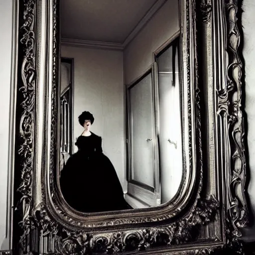 Image similar to a beautiful victorian woman is frightened by her doppleganger in a mirror. she is in a long hallway of mirrors. elegant design, haunting atmosphere, dimly lit, gothic, horror style, realistic, low angle, 3 / 4 view.