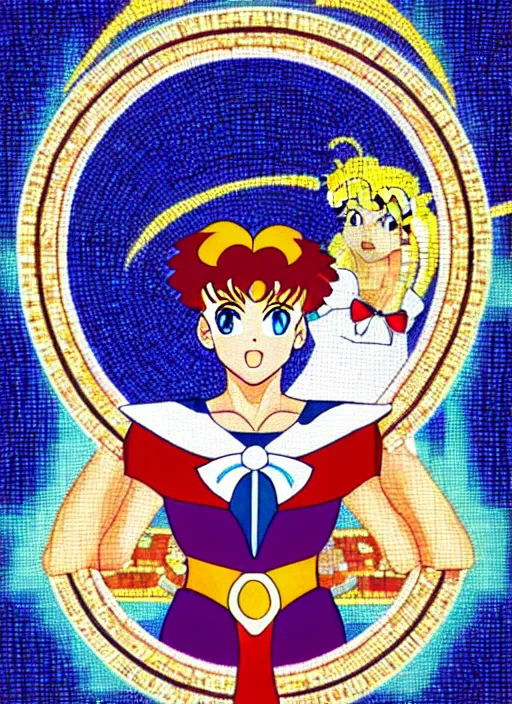 Image similar to perfectly centred portrait of sailor moon, looking in the mirror, in a business suit, futuristic, highly detailed, sharp focus, byzantine mosaic