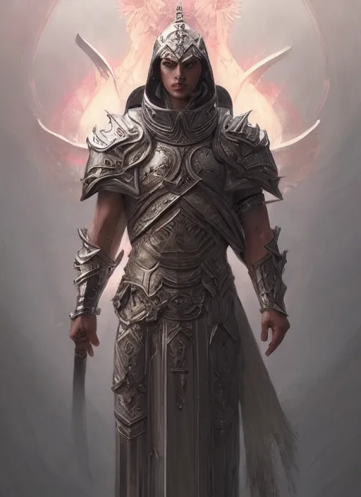 Image similar to an aasimar paladin ho is actually a fallen aasimar revealing his true nature, dim light, front game card, marvel comics, dark, intricate, highly detailed, smooth, artstation, digital illustration by ruan jia and mandy jurgens and artgerm and wayne barlowe and greg rutkowski and zdislav beksinski