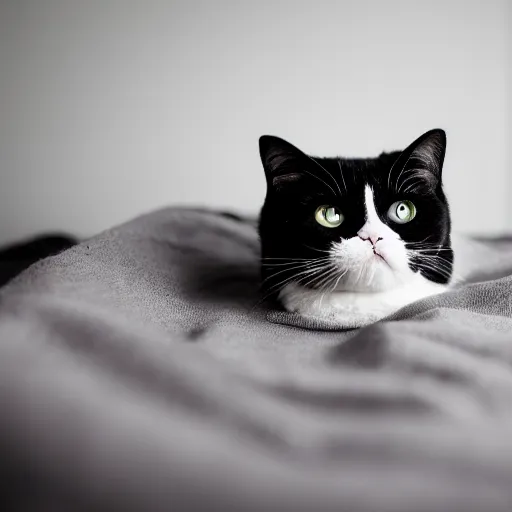 Image similar to a sadcat laying under a blanket, canon eos r 3, f / 1. 4, iso 2 0 0, 1 / 1 6 0 s, 8 k, raw, unedited, symmetrical balance, in - frame