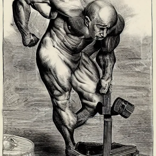 Prompt: a muscular bald man carrying engines on his back, technical diagram, diesel engine, gasoline engine, combustion engine