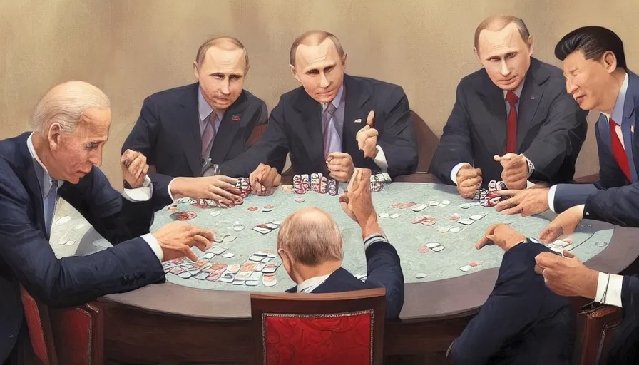 Image similar to Joe Biden, Vladimir Putin and Xi Jinping playing poker, hyperdetailed, artstation, cgsociety, 8k