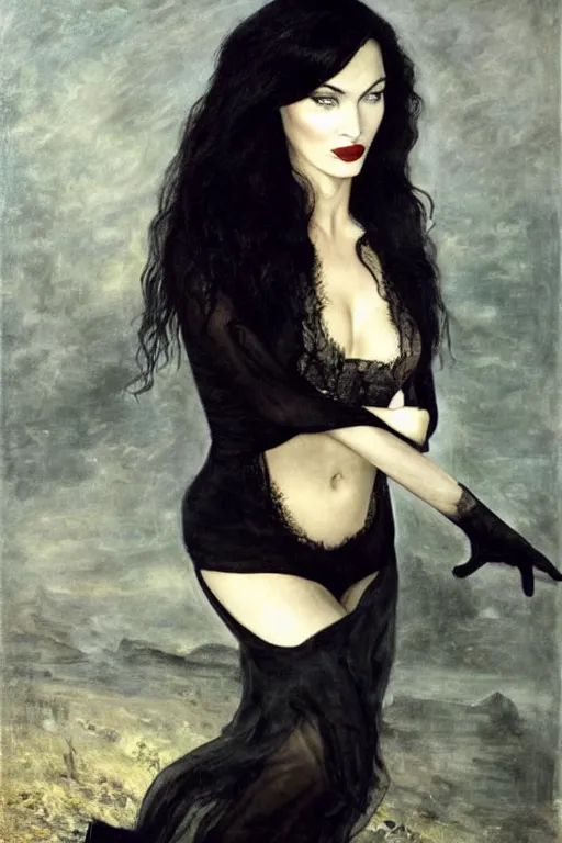 Image similar to upper body portrait megan fox as morticia addams by alfred stevens