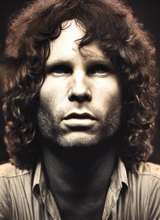 Image similar to jim morrison in real life, face centered portrait of jim morrison, confident, fog, rain, volumetric lighting, beautiful, golden hour, sharp focus, ultra detailed, cgsociety by leesha hannigan, ross tran, thierry doizon, kai carpenter, ignacio fernandez rios, noir art house, 4 k, 3 5 mm, fujifilm