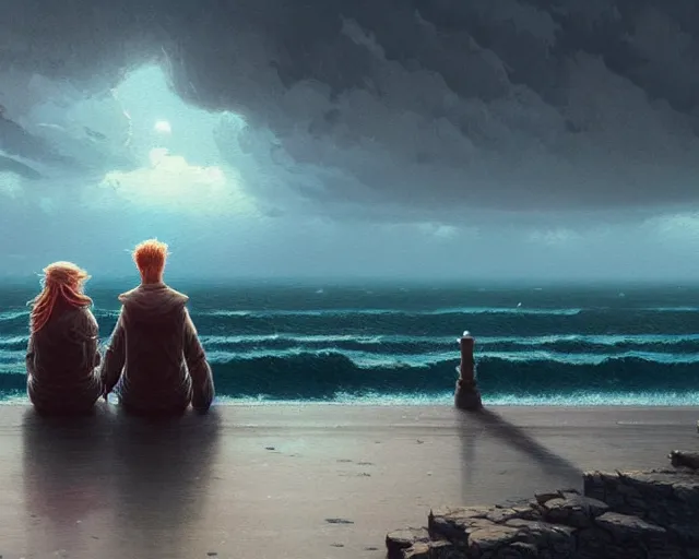 Prompt: couple sitting in front of the ocean, detailed intricate illustration, dark atmosphere, detailed illustration, hd, 4 k, digital art, overdetailed art, by greg rutkowski, by loish, complementing colors, trending on artstation, deviantart