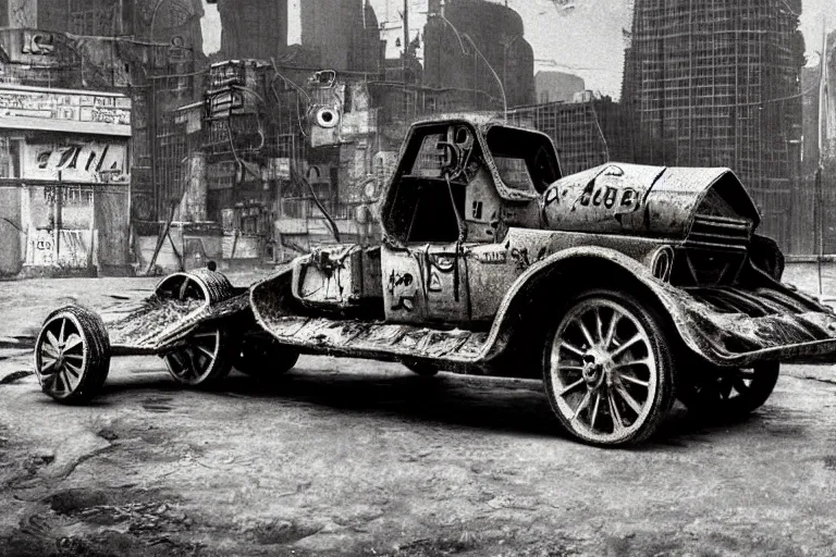 Prompt: cyberpunk 1 9 0 8 model ford t by paul lehr, beksinski, metropolis, parked by view over city, vintage film photo, robotic, silent movie, black and white photo, damaged photo