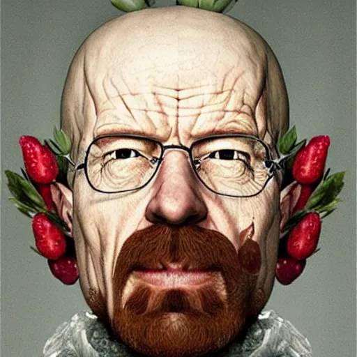 Prompt: giuseppe arcimboldo walter white, covered with fruits, unreal engine