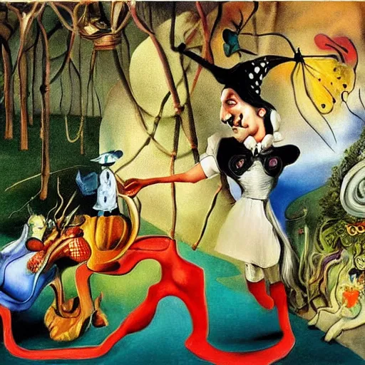 Image similar to Alice in Wonderland, painted by Salvador Dali