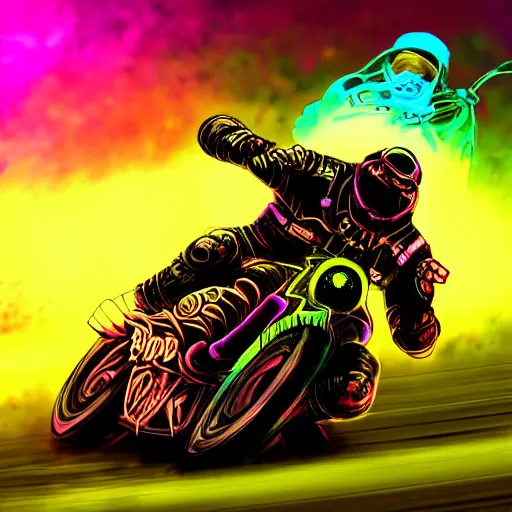 Prompt: psychedelic blacklight neon airbrush artwork, motorcycle, hyper stylized cinematic action shot of an orc racing on a motorcycle, menacing orc, drifting, skidding, wheelie, clear focused details, soft airbrushed artwork, black background, post apocalypse, cgsociety, artstation, peter lloyd art, peter palombi art