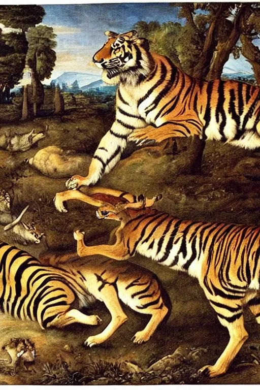 Prompt: the giant tiger hunting a deer, fantasy, renaissance