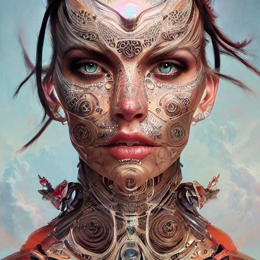Image similar to a robotic goddess, tattoo face, jewelry skin, highly detailed, digital painting, smooth, sharp, beautiful face, expressive eyes, highly intricate, art by greg rutkowski and alex gray
