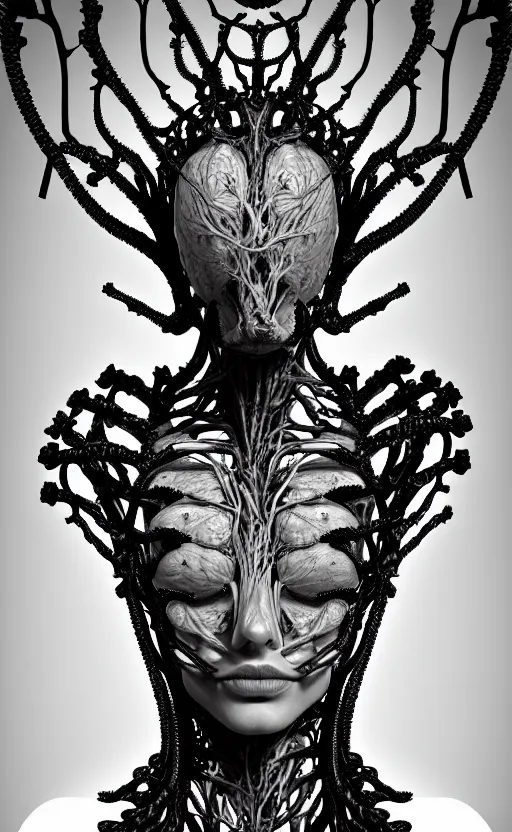 Image similar to a black and white high quality photo of a young beautiful female queen-vegetal-dragon-cyborg bust with a very long neck and Mandelbrot fractal face, Mandelbrot fractal skin, flesh, anatomical, facial muscles, veins, arteries, elegant, highly detailed, flesh highly baroque ornate, hair are wired cables, elegant, high fashion, rim light, octane render, in the style of Cindy Sherman, Realistic, Refined, Digital Art, Highly Detailed, Cinematic Lighting, rim light, black and white, photo-realistic, 8K