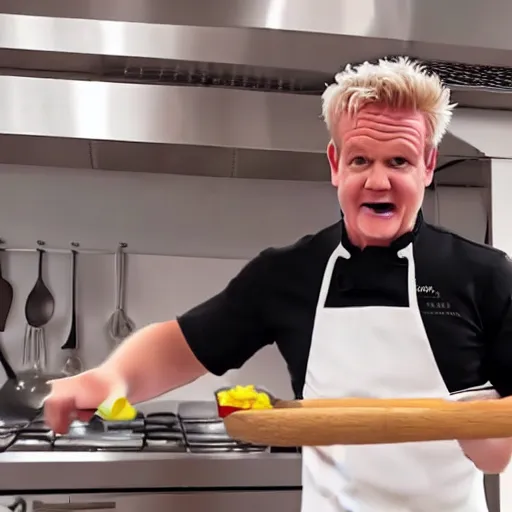 Prompt: hyper real Gordon Ramsey cooking a unicorn in kitchen 4k