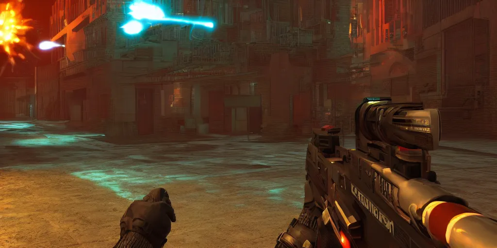 Image similar to screenshot of duke nukem 3 d, dos, videogame, neon glow, lens flare, 8 k