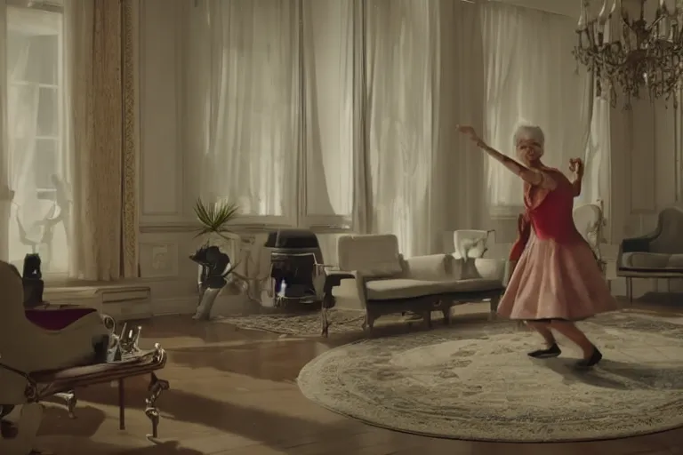 Prompt: VFX movie of old woman dancing with futuristic robot in a decadent living room by Emmanuel Lubezki