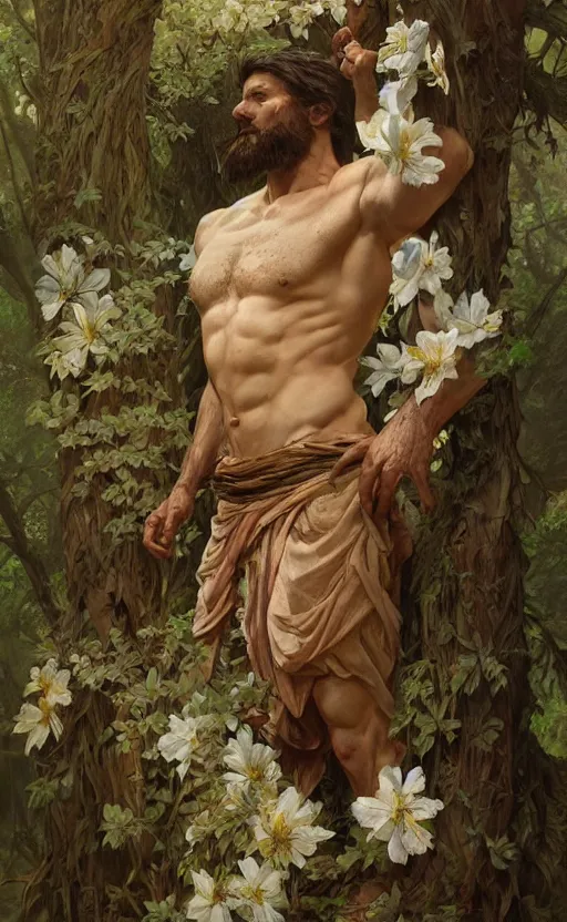 Image similar to god of the forest, 3 0 years old, rugged handsome, male, gorgeous, detailed face, clean lines, cinematic light, amazing, full body, flowers, muscular, intricate, highly detailed, digital painting, artstation, concept art, sharp focus, illustration, art by greg rutkowski and alphonse mucha