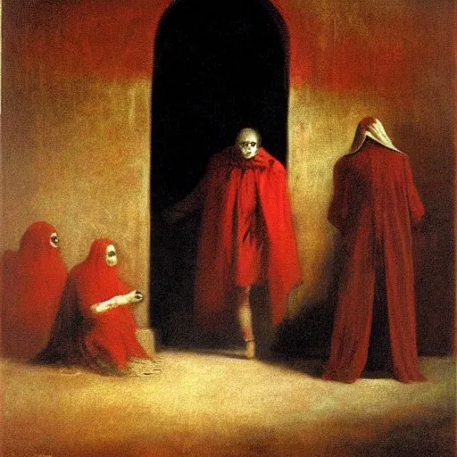 Image similar to masque of the red death, by Odd Nerdrum, by Francisco Goya, !dream there's a devil hiding behind your door, by Francis Bacon, beautiful, eerie, surreal, colorful