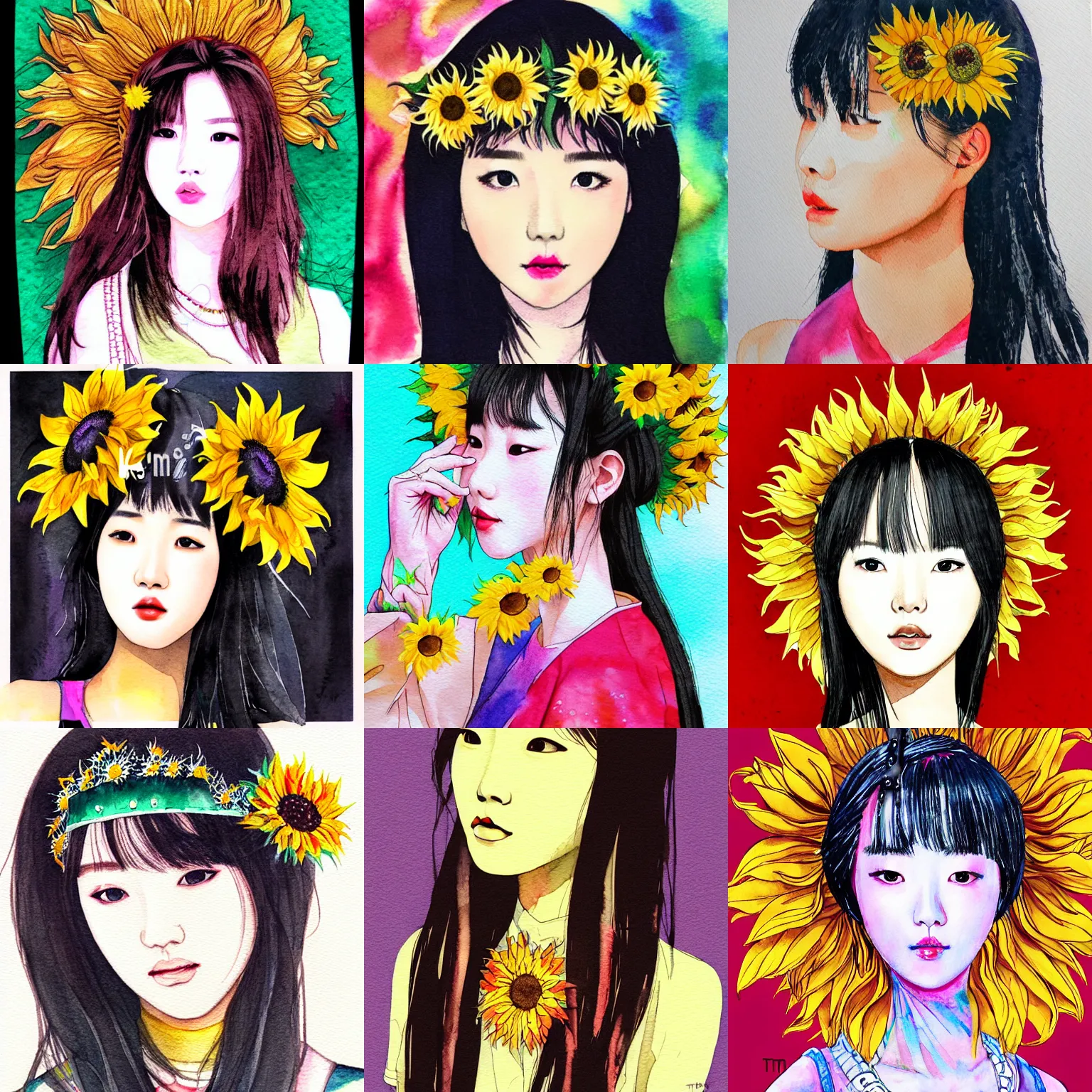 Prompt: korean women's fashion, sunflower tiara, intricate watercolor vaporwave portrait by tim doyle