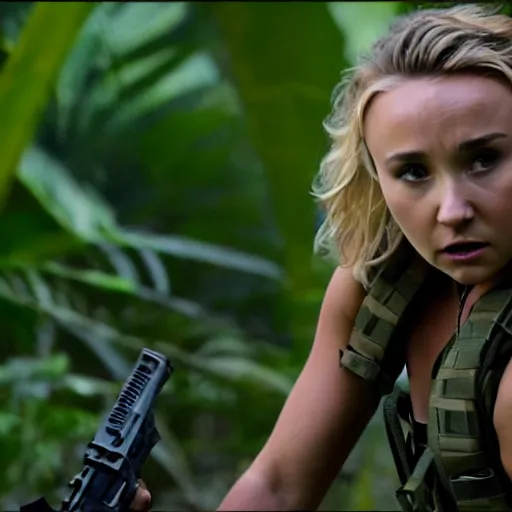 Image similar to cinematic action scene with hayden panettiere as a commando in the jungle, dramatic smoke, still frame