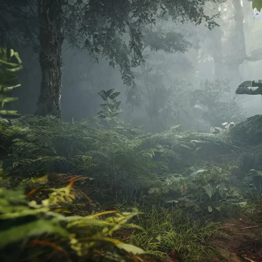 Image similar to Lush otherworldly woodlands with ancient mechanical ruins. Octane & Unreal Engine 4 & f1.4 Photography.