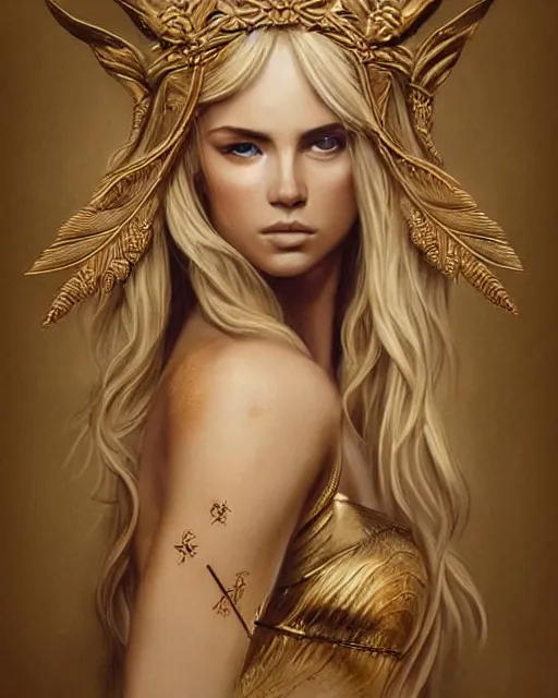 Image similar to tattoo design sketch of hot blonde super model as aphrodite greek goddess wearing a gold laurel wreath and triangle earrings, beautiful piercing gaze with sharp pupils, in the style of greg rutkowski, fantasy, amazing detail, epic, elegant, smooth, sharp focus, front view