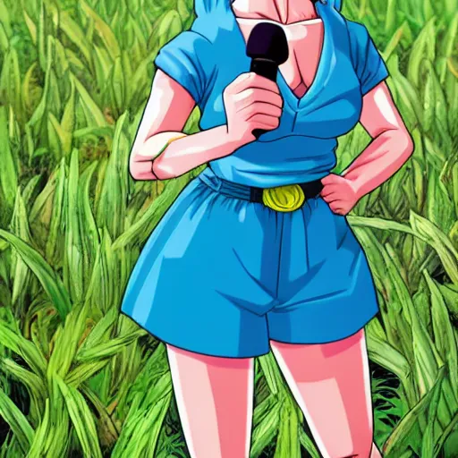 Image similar to bulma from dragon ball, bulma, bulma standing in a field,