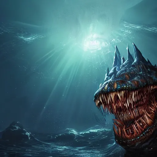 Image similar to a spiky eldritch underwater sea monster with sharp teeth illuminated by a spotlight in the deep dark ocean by Marek Okon, god rays, fantasy art, 4k, HDR, photorealistic, 8k, trending on artstation