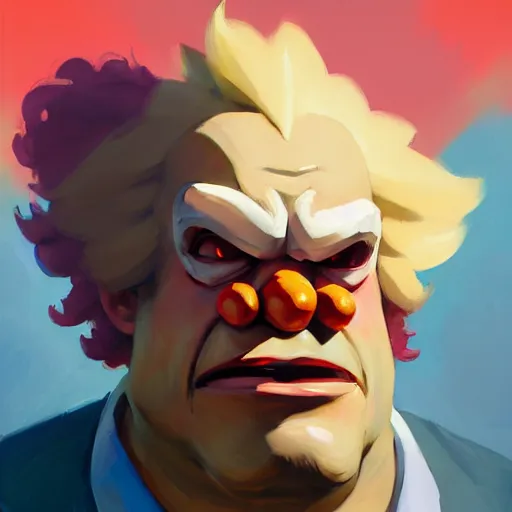 Prompt: Greg Manchess portrait painting of Krusty the clown as Overwatch character, medium shot, asymmetrical, profile picture, Organic Painting, sunny day, Matte Painting, bold shapes, hard edges, street art, trending on artstation, by Huang Guangjian and Gil Elvgren and Sachin Teng