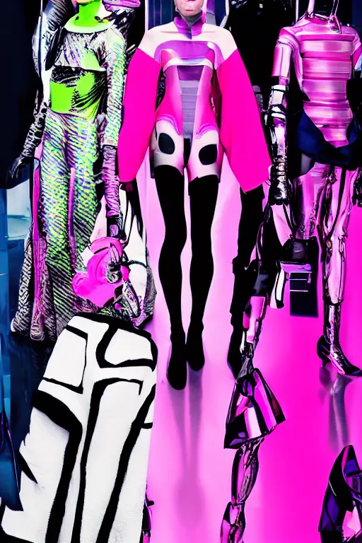 Prompt: an award winning fashion photograph of Balenciaga's fashion week 2049, cyberpunk, futuristic, Bladerunner 2049, dazzle camouflage!!, dayglo pink, dayglo blue, raven black, corporate