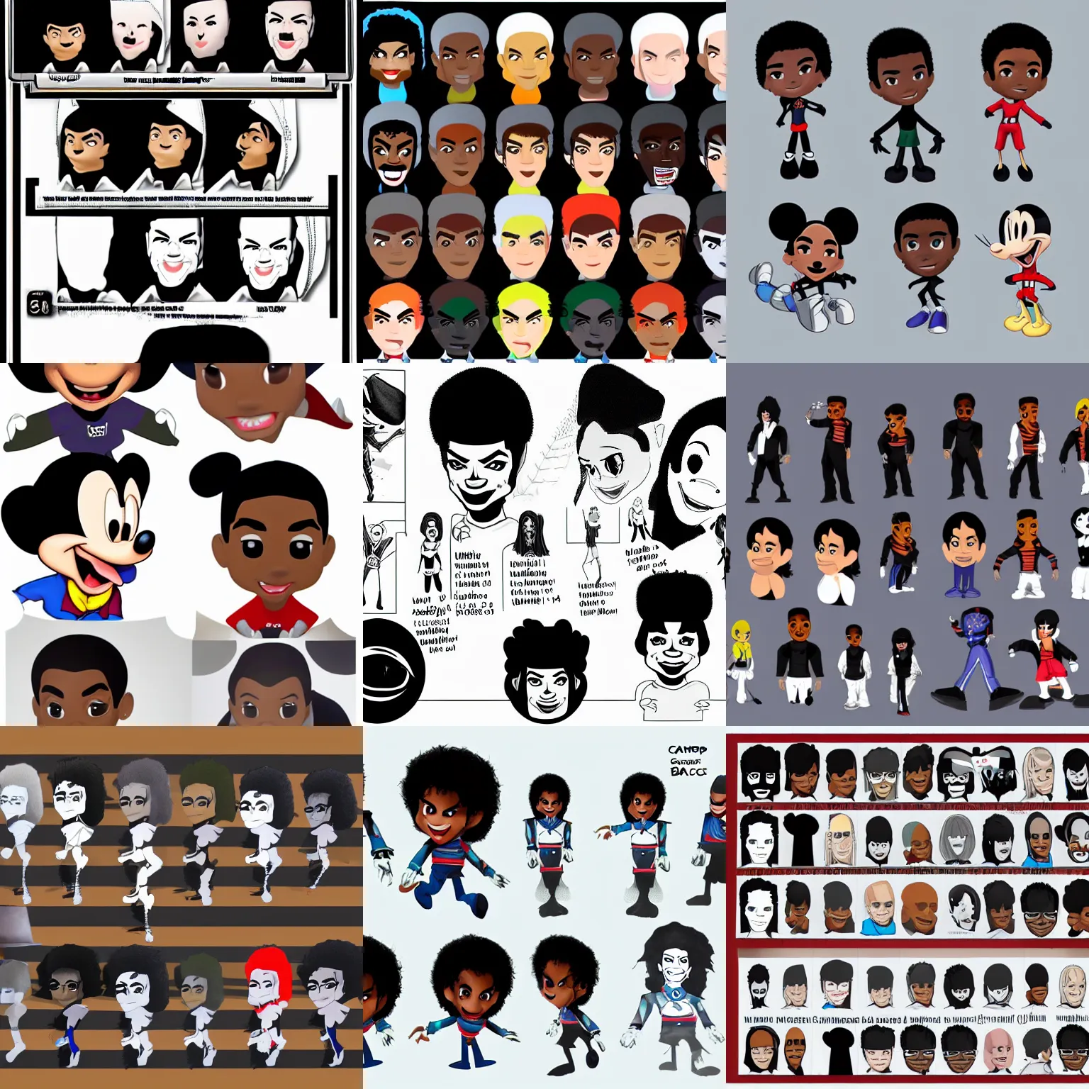 Prompt: character design sheets for camp black face, single michael jackson, michael jackson, michael jackson, michael jackson, michael jackson, michael jackson, michael jackson, michael jackson, ( ( ( mickey mouse ) ) ), nendroid, stephen bliss style