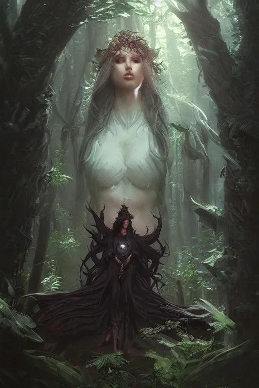 Image similar to goddess of the dark forest, highly detailed, digital painting, artstation, concept art, smooth, sharp focus, illustration, unreal engine 5, 8 k, art by artgerm and greg rutkowski and edgar maxence