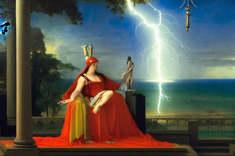 Prompt: The High Priestess on front of balustrade and palace columns, refracted lightnings on the ocean, thunderstorm, tarot cards characters, beach and Tropical vegetation on the background major arcana sky and occult symbols, by paul delaroche, hyperrealistic 4k uhd, award-winning, very detailed paradise