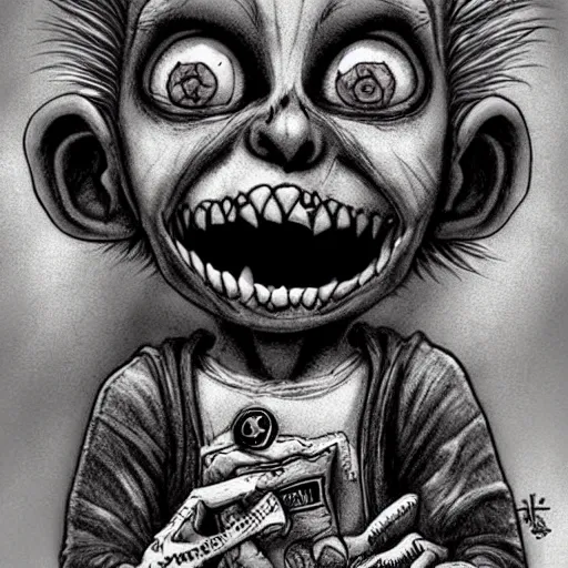 Image similar to grunge cartoon drawing of a cute chucky by - michael karcz , in the style of corpse bride, loony toons style, horror themed, detailed, elegant, intricate