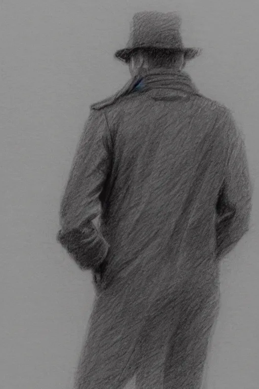 Prompt: a man in a jacket with his back to the camera standing in the rain. pencil sketch.