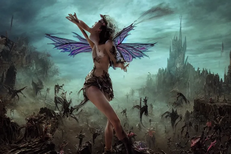 Prompt: The beautiful fairy girl, with tattered wings and torn clothes ,fights off a hoard of undead monsters and zombies, firing a pistol, while standing on a pile of bones, hyper realistic, octane render, cinematic, golden ratio, curved lines, the dark tower, dramatic lighting shadows, detailed illustration, 8k, intricate details, oil painting, 3d scene, render, ultra realistic, zenith view, Greg Rutkowski, artstation, cgsociety, level design, unreal engine, 3d scene, render, ultra realistic, zenith view, Enki Bilal style