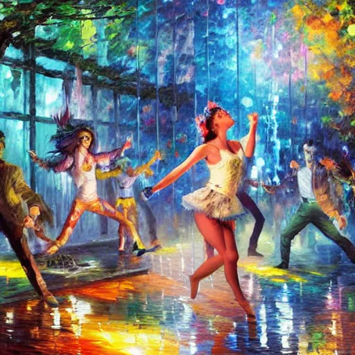 Prompt: rave dance party by thomas kinkade, arthur adamas, charlie bowater, leonid afremov, chiho ashima, karol bak, david bates, tom chambers