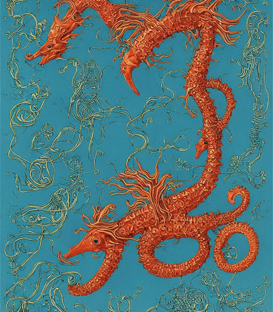 Image similar to brilliant alien seahorse in the sky color scientific illustration by Ernst Haekel, color illustration with orthographic views
