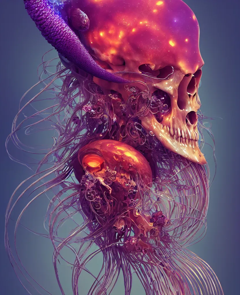 Image similar to goddess close-up portrait animal skull. jellyfish phoenix head, nautilus, orchid, skull, betta fish, bioluminiscent creatures, intricate artwork by Tooth Wu and wlop and beeple. octane render, trending on artstation, greg rutkowski very coherent symmetrical artwork. cinematic, hyper realism, high detail, octane render, 8k