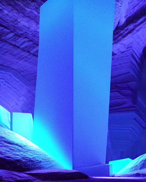 Image similar to blue shiny bismuth crystalline obelisk glowing luminated structures in a giant cave rendered in octane