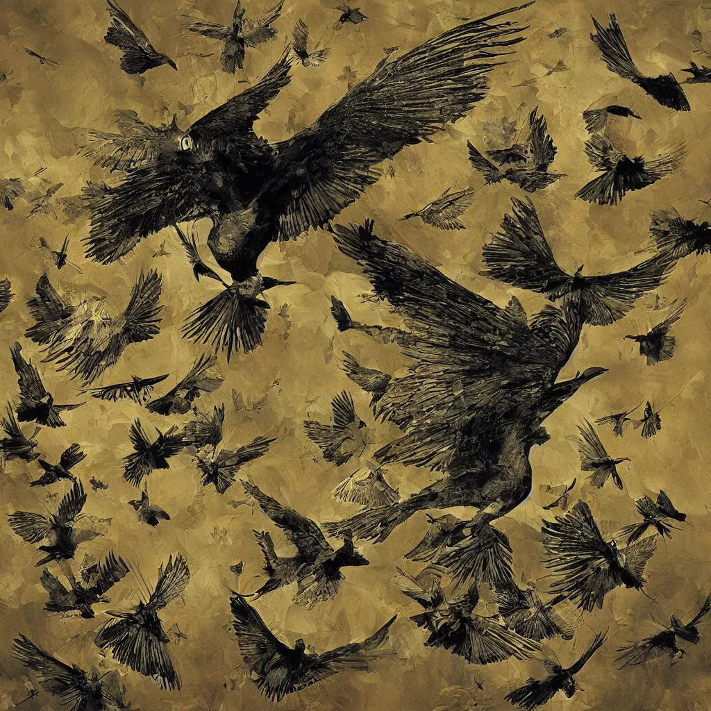 Prompt: digital birds fly over a progressively rasterized, oil on canvas by dave mckean and ivan shishkin