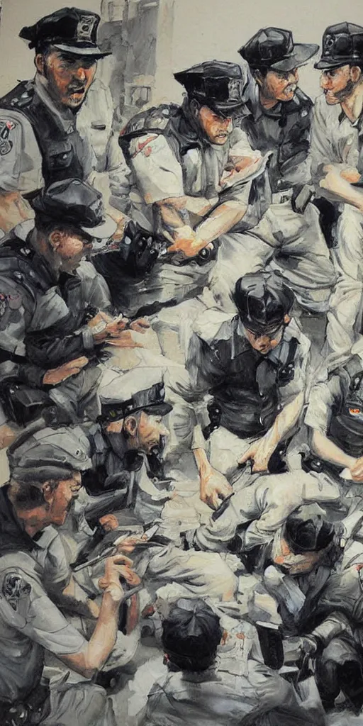 Image similar to oil painting scene from police office by kim jung gi