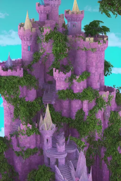 Image similar to multi level fairy castle, calm, tranquil, faded effect, detailed, vaporwave colors, render by substance designer