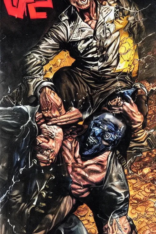 Image similar to ultra violent comic book cover of a contract killer named cobalt. he wear a brown leather jacket and a white shirt. he has a prominent scar up the side of his face. art by glenn fabry.