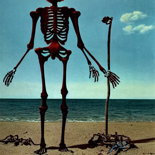 Image similar to a skeleton standing on a beach next to the ocean, a surrealist painting by Storm Thorgerson, featured on cg society, nuclear art, surrealist, apocalypse landscape, chillwave