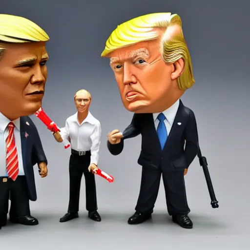Image similar to photo of putin, trump, obama and bush having a lightsaber fight, figurine