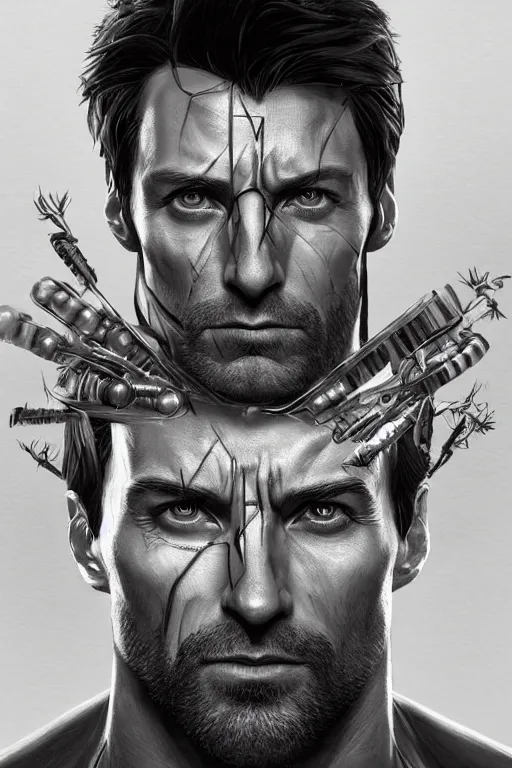 Image similar to symmetry!! portrait of hugh jackman in the boys in the style of god of war, machine parts embedded into face, intricate, elegant, highly detailed, digital painting, artstation, concept art, smooth, sharp focus, illustration, art by artgerm and greg rutkowski and alphonse mucha, 8 k