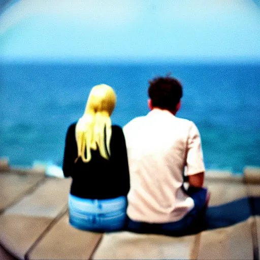 Image similar to 3 5 mm film photo of a man and a woman sitting with the sea behind them, hyperrealistic